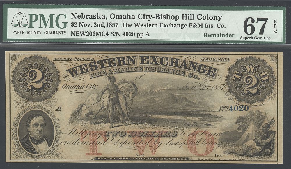 Omaha City, NE - Bishop Hill Colony, 1857 $2 Western Exchange Ins. Co., Superb GemCU, PMG67-EPQ